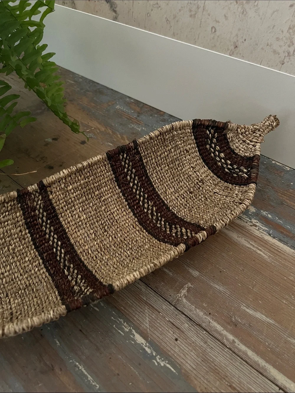 Vintage Ethiopian African Hand-Woven Striped Gambela Canoe Bread Basket